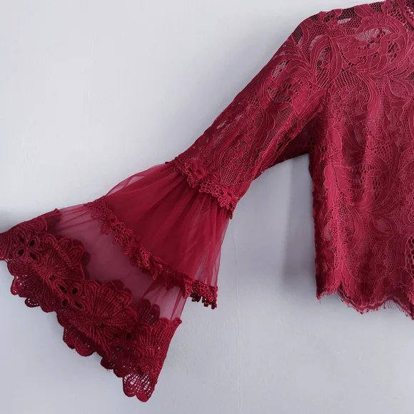 SEEK The Label red lace bell sleeves crop top - Picture 3 of 5